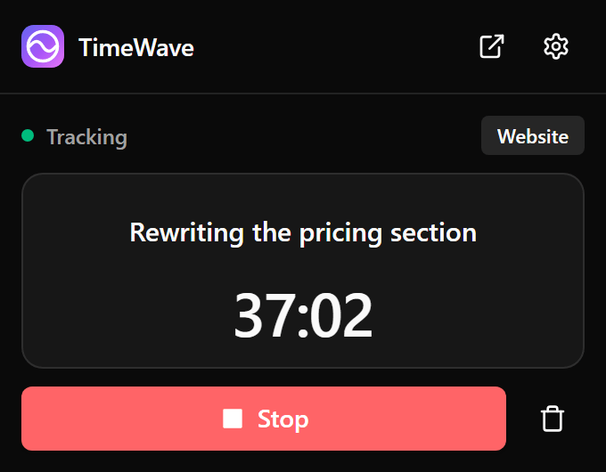 The extension popup with a running timer