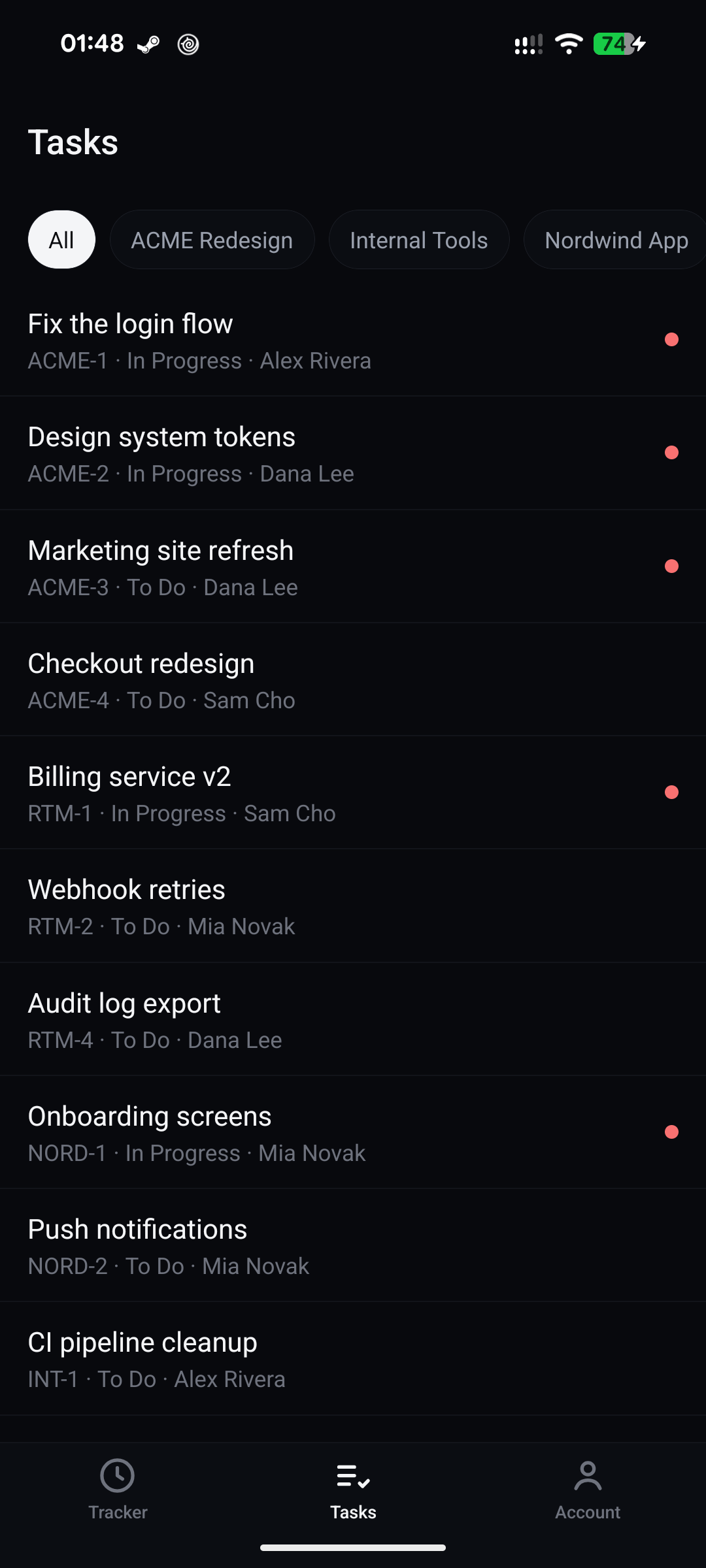 The task list, filtered by project
